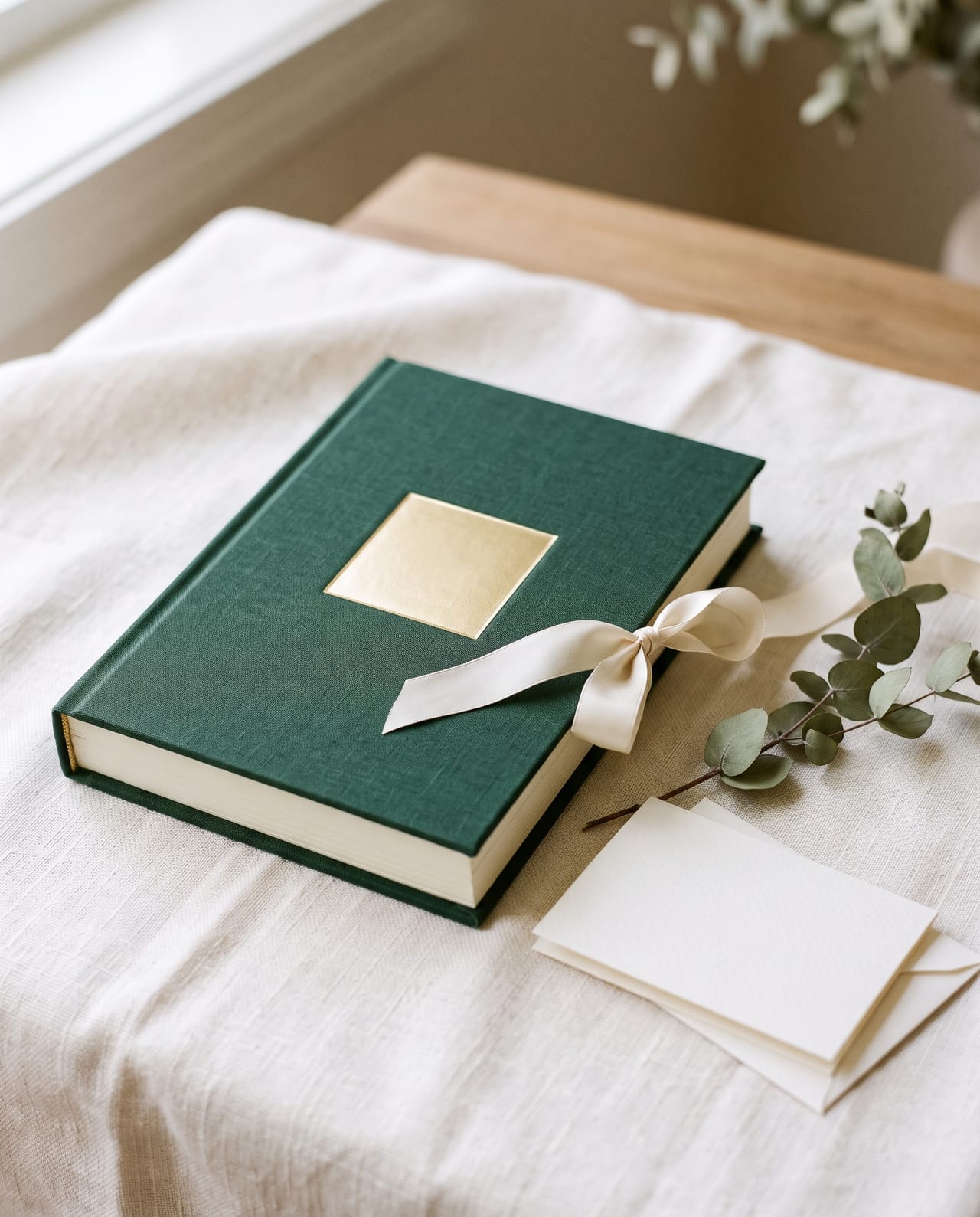A green linen hardcover book tied with a cream ribbon next to a gift card