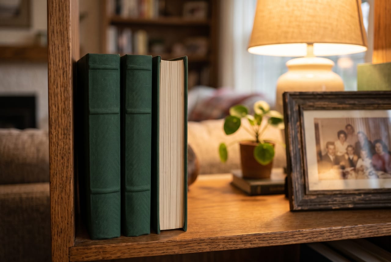 Three matching green hardcover books on a family bookshelf beside an old family photo
