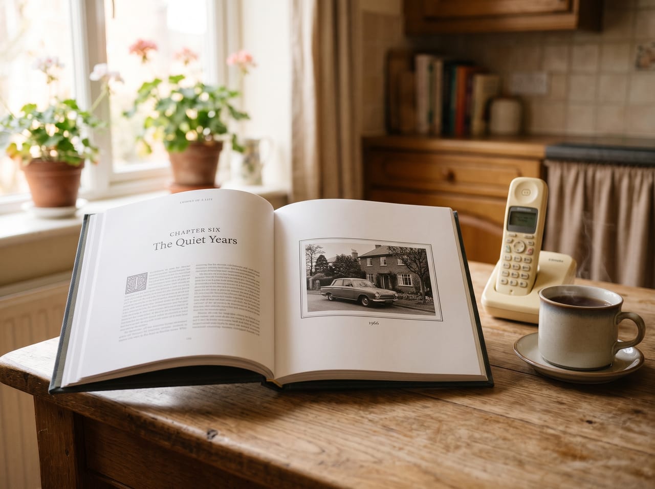 An open hardcover memoir on a kitchen table, with an old photo of a car on one page, next to a home phone and a cup of tea